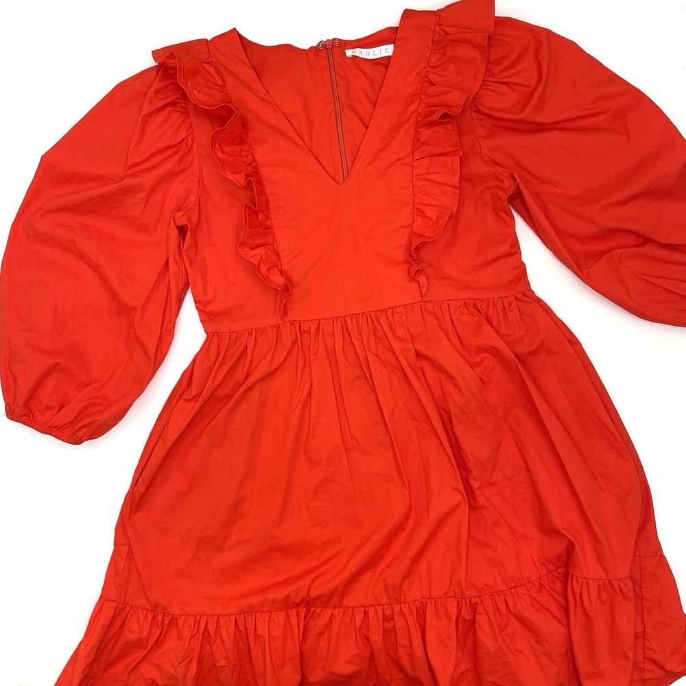 Karlie Women's Dress‎ Red V Neck Elbow Length Sleeve Ruffle Small